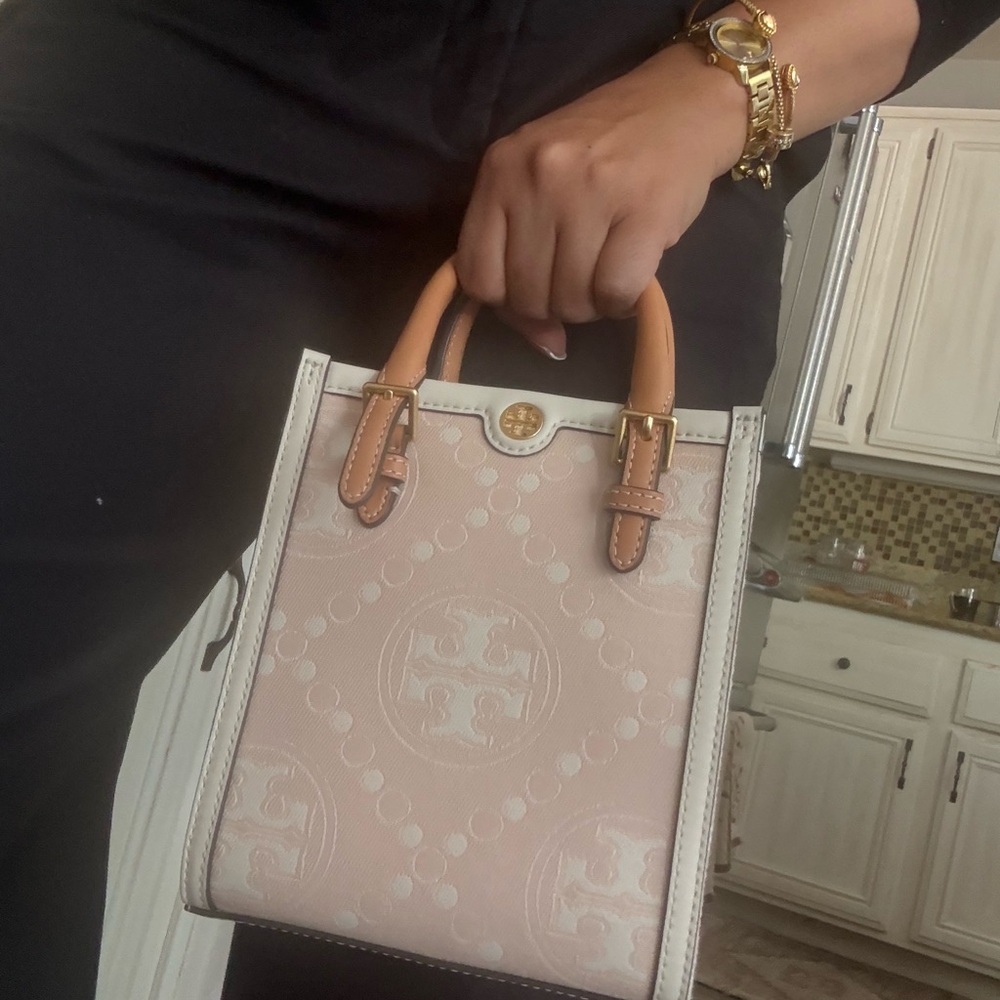 Tory Burch Mini T Monogram Perforated Leather Tote Crossbody, pale pink, NWT - Picture 11 of 11
